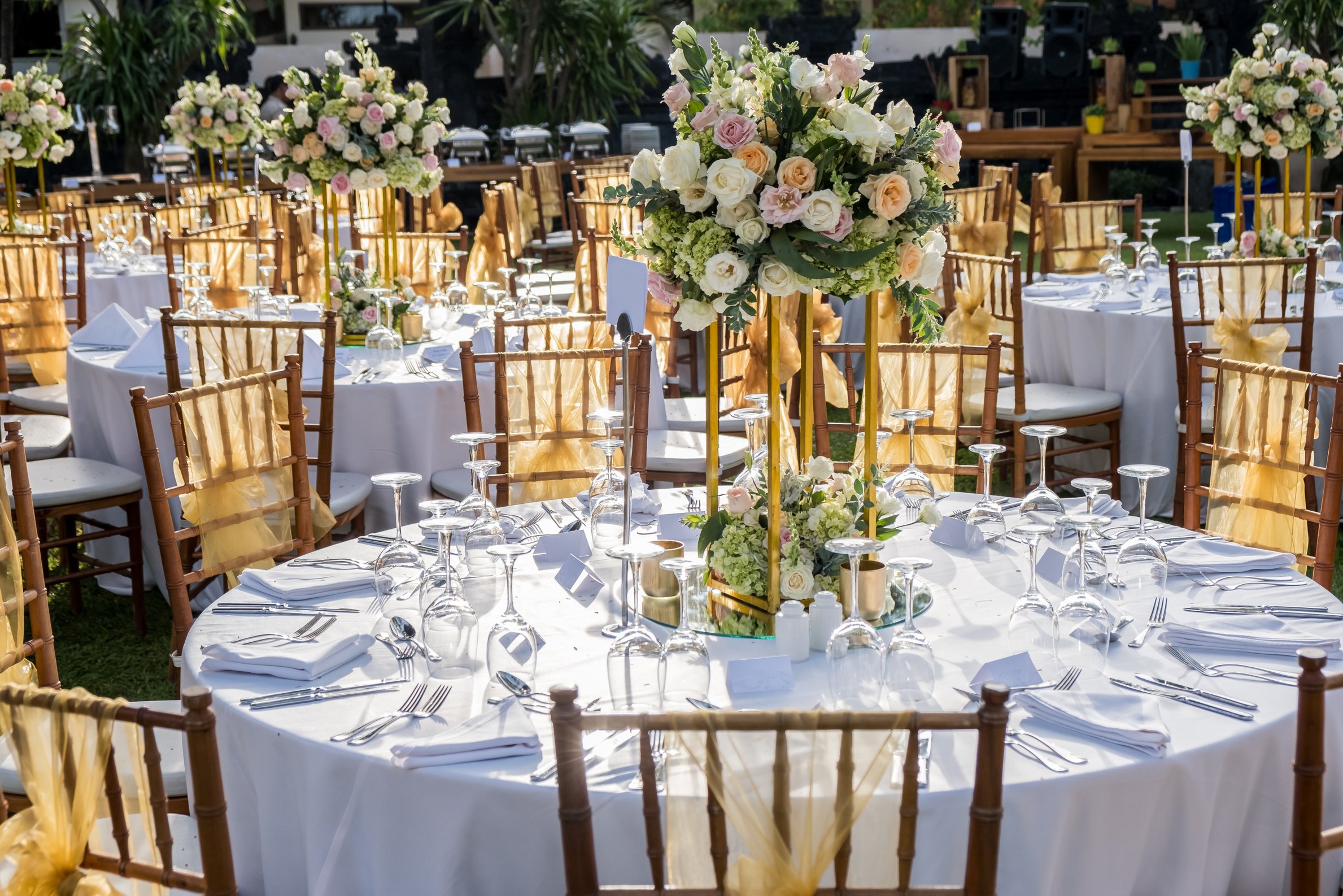 Wedding outdoor table set up. Beautiful garden wedding venue